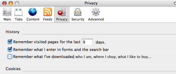 Privacy window in Firefox browser