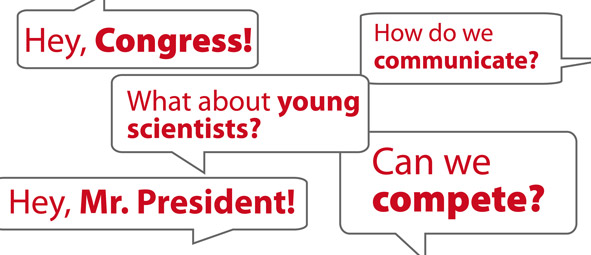 Speech bubbles with conversation on science policy