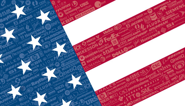 U.S. flag with government contractor logos