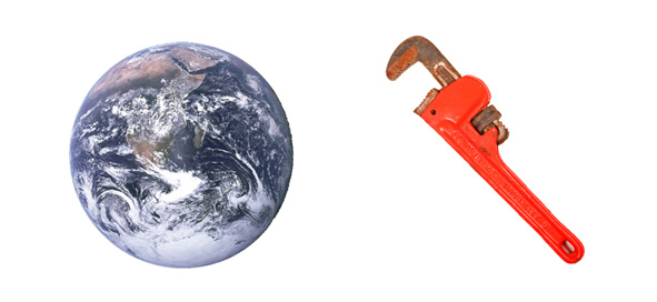 the Earth and a red pipe wrench
