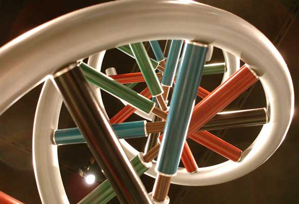 view looking up into sculture of a DNA double helix
