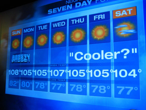 TV screen with daily temps for Las Vegas, all above 100 degrees
